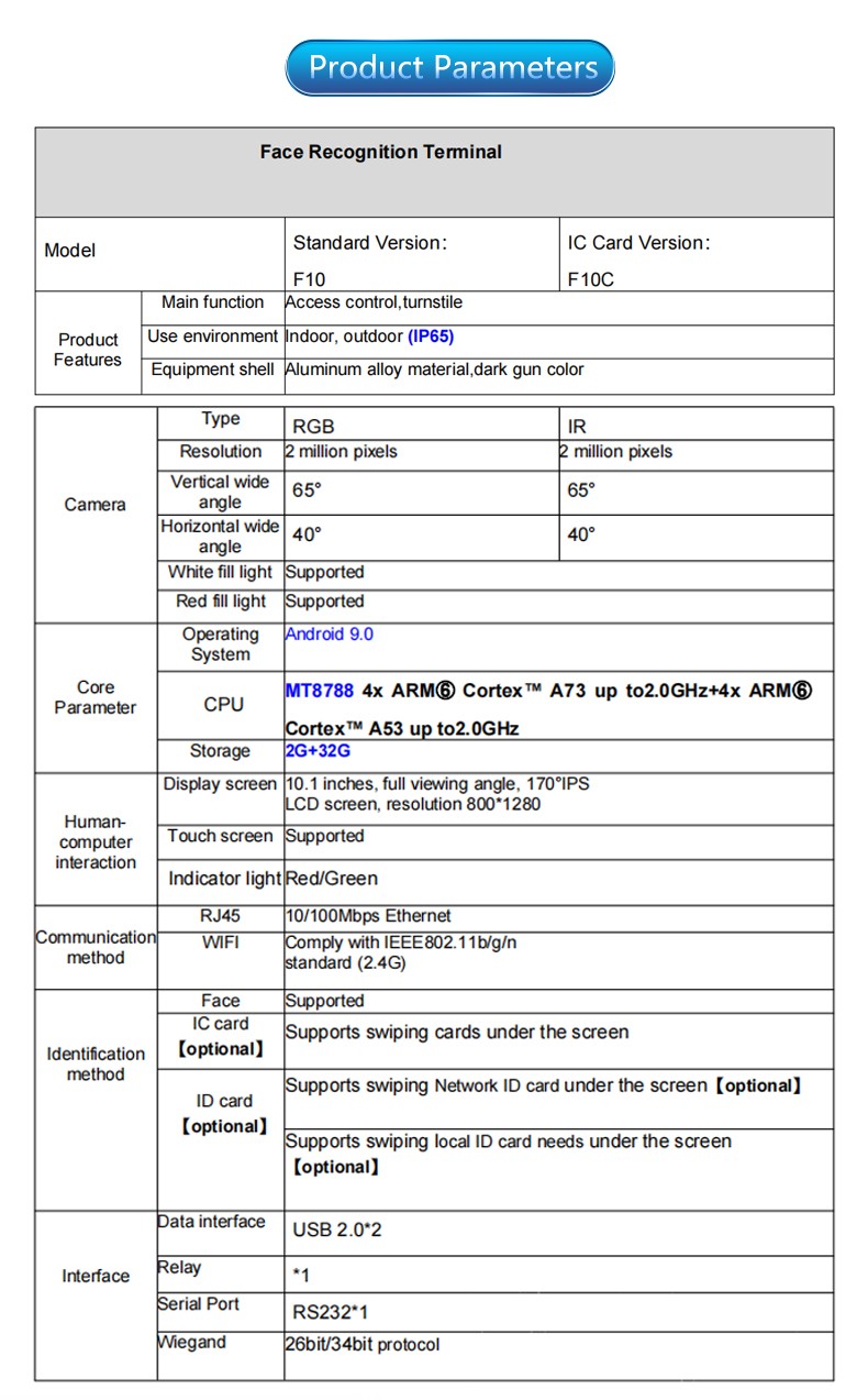 Biometric Face Recognition Access Control Device F10